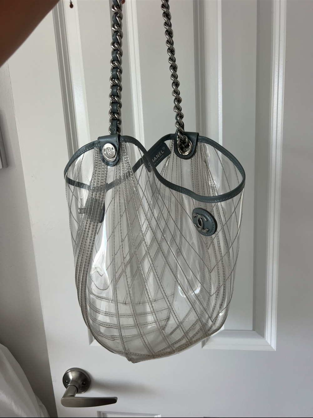 CHANEL Clear PVC Bucket Bag with Gray Trim and Silver Chain
